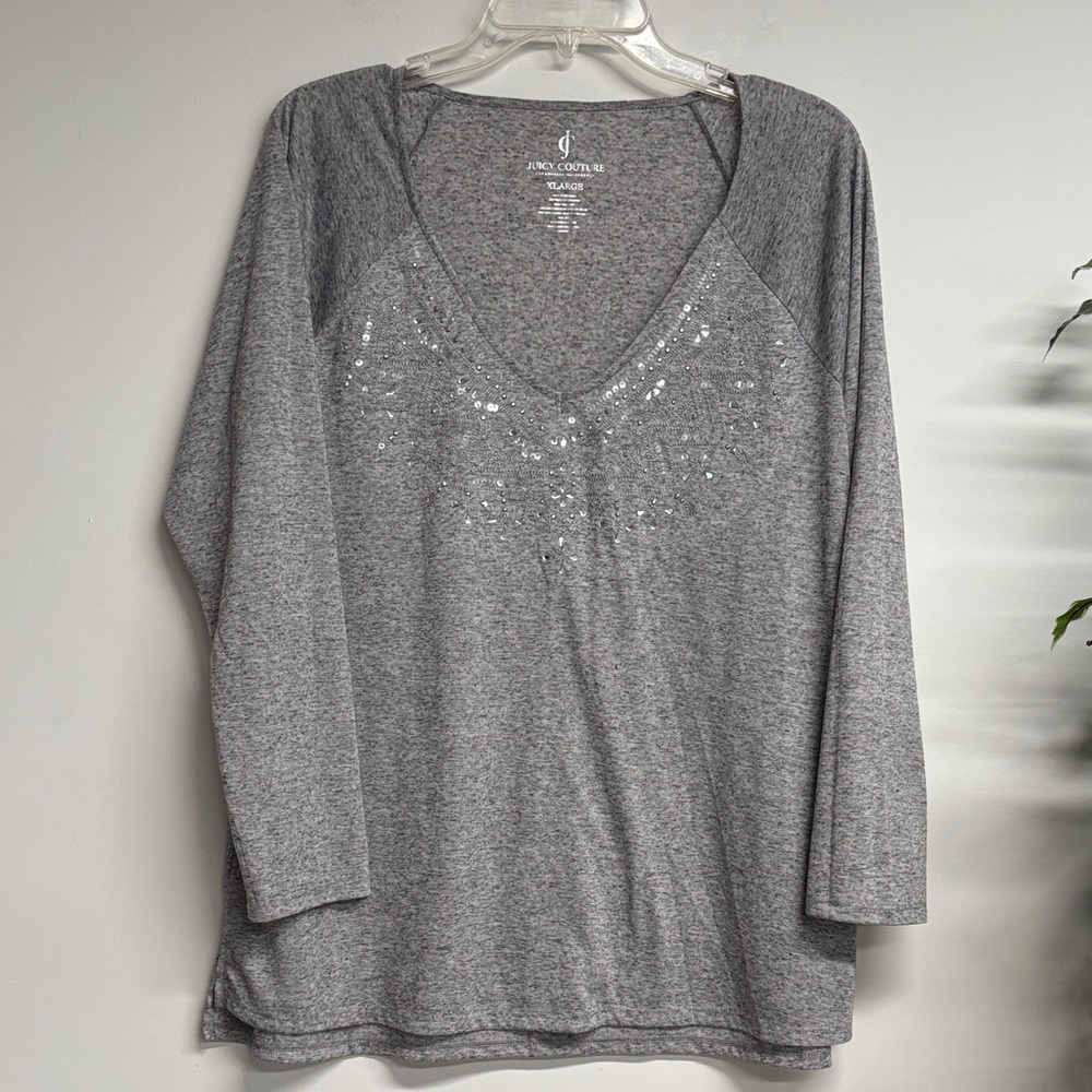 Juicy Couture Gray V-Neck Top with Embellishments